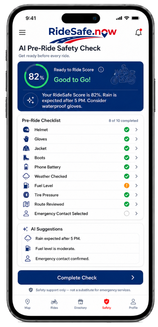 RideSafe.now safety and readiness screen